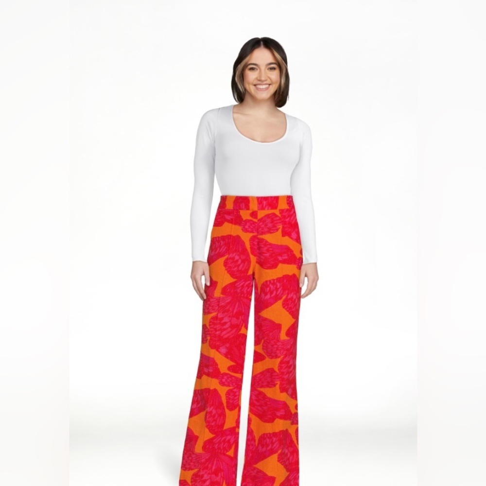 Scoop High Waist Wide Leg Red & Orange Printed Linen Blend S - Picture 3 of 11